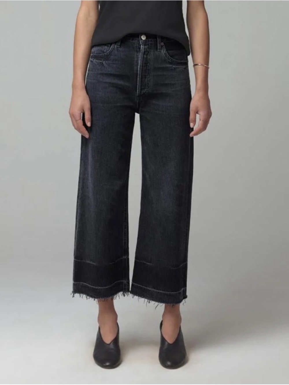 Citizens of Humanity Sacha High Rise Wide Leg Jeans Black Women 23 Raw Hem